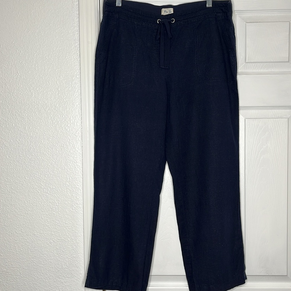 Blue Linen Wide Leg Pants